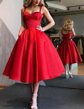 Load image into Gallery viewer, A-Line Spaghetti Straps Tea-Length Red Satin Prom Homecoming Dresses with Pockets RS86