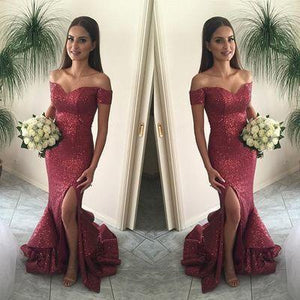 Red Mermaid Long Sequin Sexy Sweetheart Off-the-Shoulder Backless Custom Prom Dresses RS978
