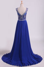 Load image into Gallery viewer, 2024 Dark Royal Blue A-Line Bateau Sweep Train Chiffon&amp;Lace Prom Dresses With Slit