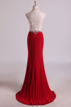 Load image into Gallery viewer, 2024 Hot High Neck Prom Dresses Sheath Lace &amp; Spandex Sweep Train