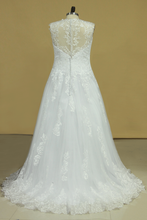 Load image into Gallery viewer, 2024 Plus Size A Line V Neck Wedding Dresses Tulle With Applique Court Train