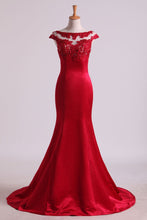 Load image into Gallery viewer, 2024 Mermaid Prom Dresses Scoop Satin &amp; Tulle Burgundy/Maroon With Beading Sweep Train