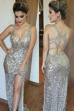 Load image into Gallery viewer, Luxurious Mermaid Long with Side Slit Sexy Backless Sequin V-Neck Sleeveless Prom Dresses RS772