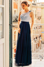 Load image into Gallery viewer, Flowy One Shoulder Navy Blue Tulle Long Prom Dresses, Cheap Formal Dresses SRS15232