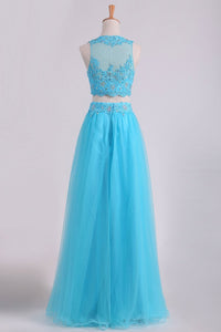2024 Two Pieces Scoop Prom Dresses A Line With Applique & Beading Tulle