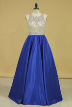Load image into Gallery viewer, 2024 Royal Blue Scoop Open Back Beaded Bodice A Line Prom Dresses Satin &amp; Tulle Plus Size