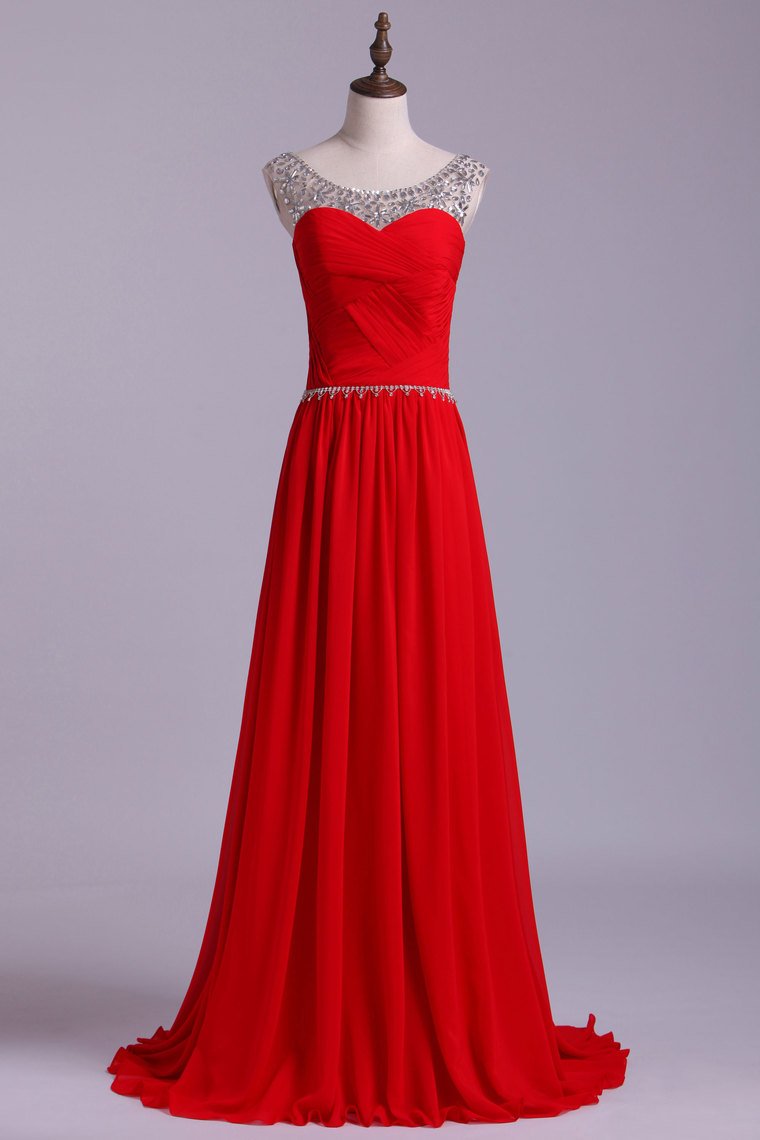 2023 Scoop Prom Dresses A Line Chiffon With Beads And Ruffles