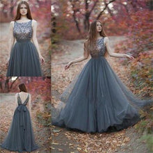 Load image into Gallery viewer, V-Back Tulle Gray Charming Popular Pretty Evening Long Prom Dresses Online PD0140