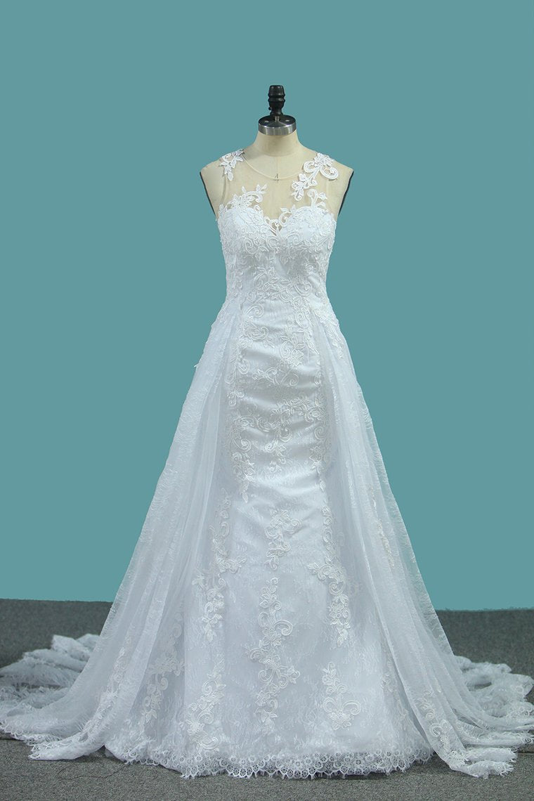2024 Mermaid Wedding Dresses Tulle Scoop With AppliqueCourt Train Detachable