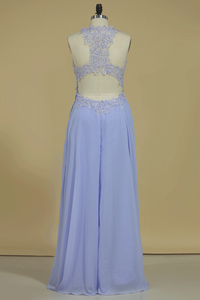 2024 Prom Dresses Open Back Scoop Chiffon With Applique And Beads Sweep Train A Line