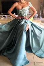 Load image into Gallery viewer, 2024 Satin Prom Dresses A Line One Shoulder With Handmade Flowers And Slit