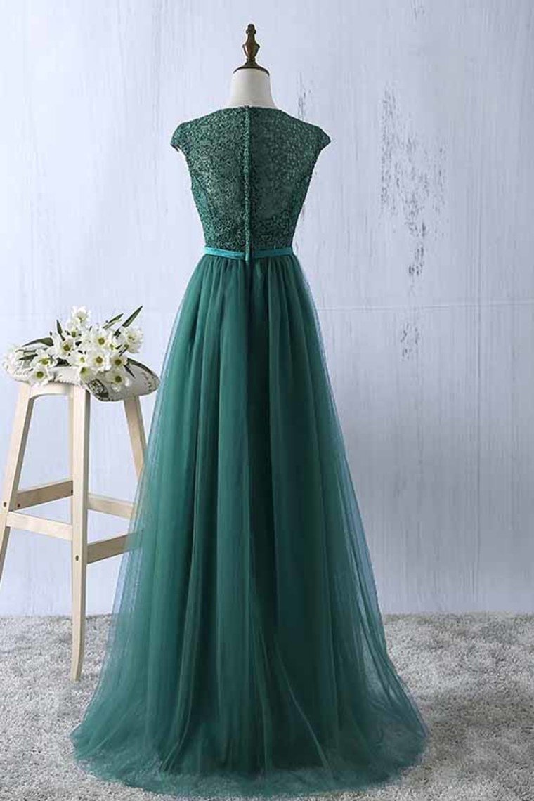2024 Scoop Tulle & Lace With Sash A Line Sweep Train Prom Dresses