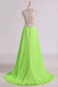 2024 A Line Beaded Bodice Prom Dresses Scoop Chiffon & Tulle With Slit