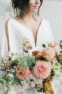 Simple A Line Ivory Chiffon V Neck Wedding Dresses Half Sleeves Long Wedding SRSP42YQLZ1