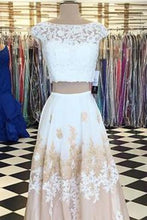 Load image into Gallery viewer, A-line Two Piece Long Floor Length Scoop White Lace Prom Dresses with Open Back RS774