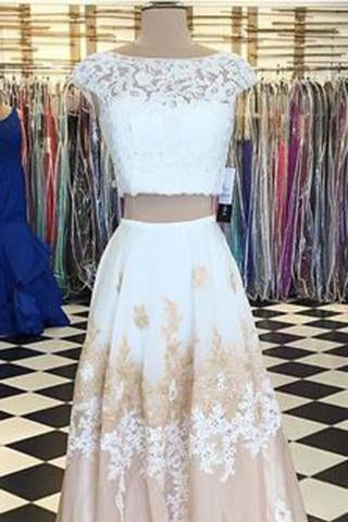 A-line Two Piece Long Floor Length Scoop White Lace Prom Dresses with Open Back RS774