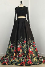 Load image into Gallery viewer, Pretty 2 Pieces Long Sleeves Open Back Black Lace Satin Prom Dresss