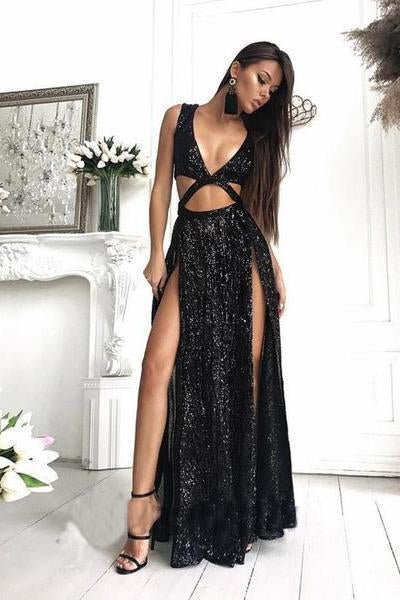 2023 Charming Sexy Sequin Sparkly Simple Rose Gold and Black Split Fashion Prom SRS10074