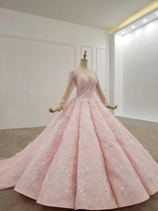 Elegant Ball Gown Pink Long Sleeves Appliques Prom Dresses, Quinceanera SRS20482