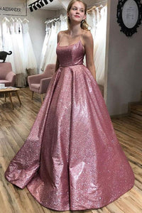 Unique A line Pink Sequins Spaghetti Straps Prom Dresses, Evening SRS15678