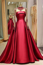 Load image into Gallery viewer, 2023 Long Sleeve Prom Dresses High Neck Burgundy Long Prom Dress Satin Evening Dress