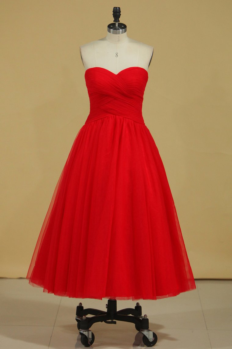 2024 Red Sweetheart Prom Dresses A Line Tulle With Ruffles Ankle Length Size 8