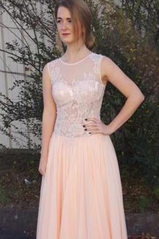 A-Line Peach Chiffon Sleeveless Pink Scoop Sweetheart Open Back Prom Dresses RS795