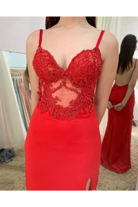 Illusion SweetHeart Neck Backless Spaghetti Red Prom Dresses With Sweep SRSP7GFQPJ3