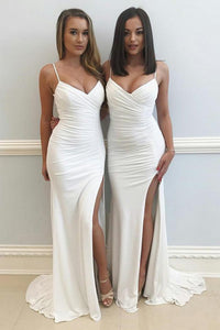 Spaghetti Straps Ivory Long Sheath Simple Elegant Bridesmaid Dresses