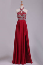 Load image into Gallery viewer, 2024 Halter Prom Dresses Beaded Bodice A Line Chiffon With Slit