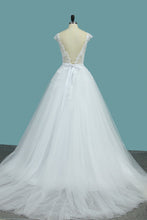 Load image into Gallery viewer, 2024 Scoop Open Back Wedding Dresses Tulle With Applique A Line Chapel Train