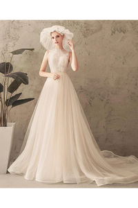 Ivory Jewel Sleeveless Tulle Wedding Dress With Lace A Line Pleats Open Back Bridal SRSPXNMNP57