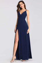 Load image into Gallery viewer, Sexy V Neck Long Spaghetti Straps Mermaid Navy Blue Prom Dresses with High Split SRS15366
