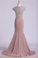 Load image into Gallery viewer, 2024 Scoop Prom Dresses Beaded Bodice Chiffon Trumpet Sweep Train