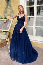 Load image into Gallery viewer, Elegant V Neck Appliques Long Prom Dresses Spaghetti Straps Evening SRSP37YZLFA