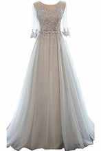 Load image into Gallery viewer, A-Line Mid-Length Sleeves Round Neck Lace Tulle Ball Gown Beading Evening Long Dress