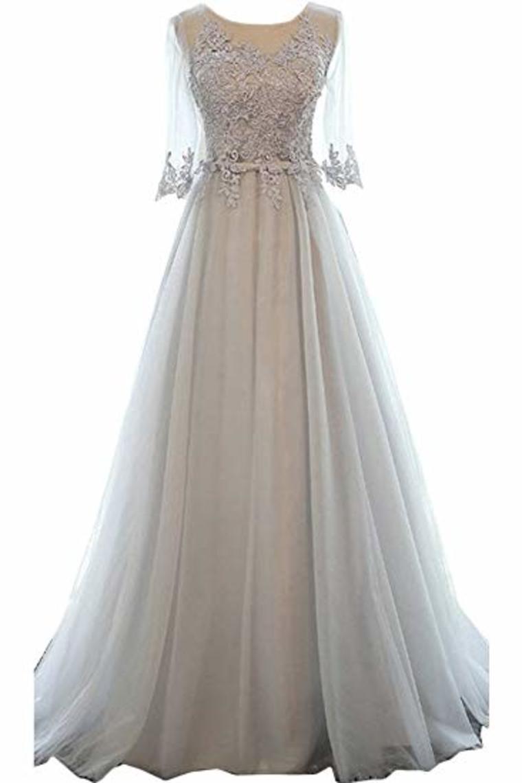 A-Line Mid-Length Sleeves Round Neck Lace Tulle Ball Gown Beading Evening Long Dress