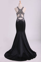 Load image into Gallery viewer, 2024 Black Scoop Mermaid Beaded Bodice Open Back Prom Dresses Satin Floor Length