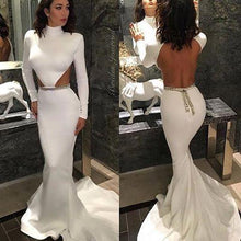 Load image into Gallery viewer, White High Neck Mermaid Long Sleeve Hollow Waist Backless Saudi Arabia Prom Dresses RS165