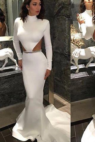 White High Neck Mermaid Long Sleeve Hollow Waist Backless Saudi Arabia Prom Dresses RS165