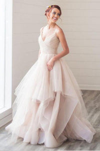 Elegant A Line V Neck Spaghetti Straps Ball Gown Multi LayerTulle Prom SRS11946