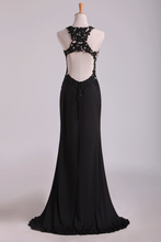 Load image into Gallery viewer, 2024 Popular Black Scoop Sheath/Column Prom Dresses With Beading And Applique