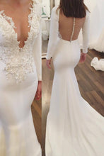 Load image into Gallery viewer, 2024 Satin Wedding Dresses Mermaid Scoop With Appliques And Beads Long Sleeves