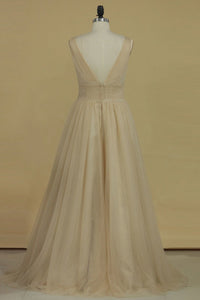 2023 A Line V Neck Open Back Bridesmaid Dresses Ruched Bodice Tulle Floor Length