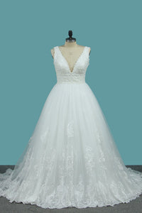 2024 Wedding Dresses V Neck Tulle A Line With Applique Sweep Train