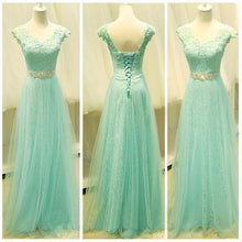 Load image into Gallery viewer, Mint Lace Cap Sleeve Sweetheart Lace up A-Line Tulle Green Floor-Length Prom Dresses RS57