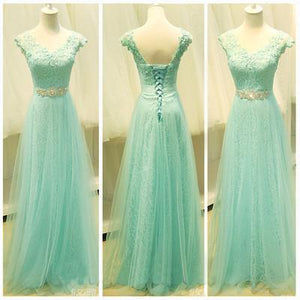 Mint Lace Cap Sleeve Sweetheart Lace up A-Line Tulle Green Floor-Length Prom Dresses RS57