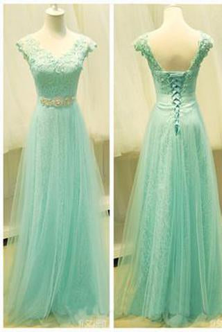 Mint Lace Cap Sleeve Sweetheart Lace up A-Line Tulle Green Floor-Length Prom Dresses RS57