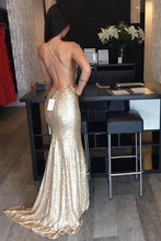 Load image into Gallery viewer, 2024 Backless Sequin Mermaid Gold Long Custom Criss Cross Sleeveless Prom Dresses RS941