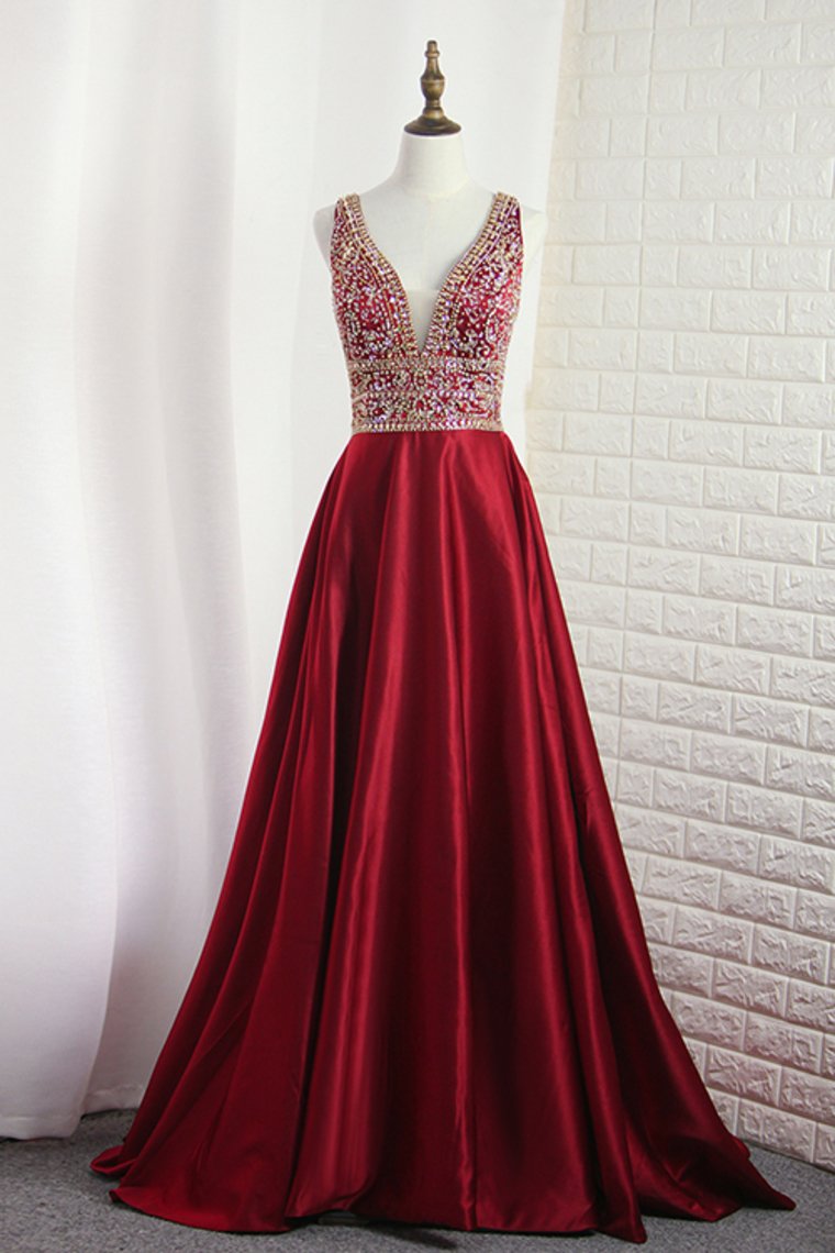 2024 A Line V Neck Satin With Beading Open Back Sweep Train Prom Dresses